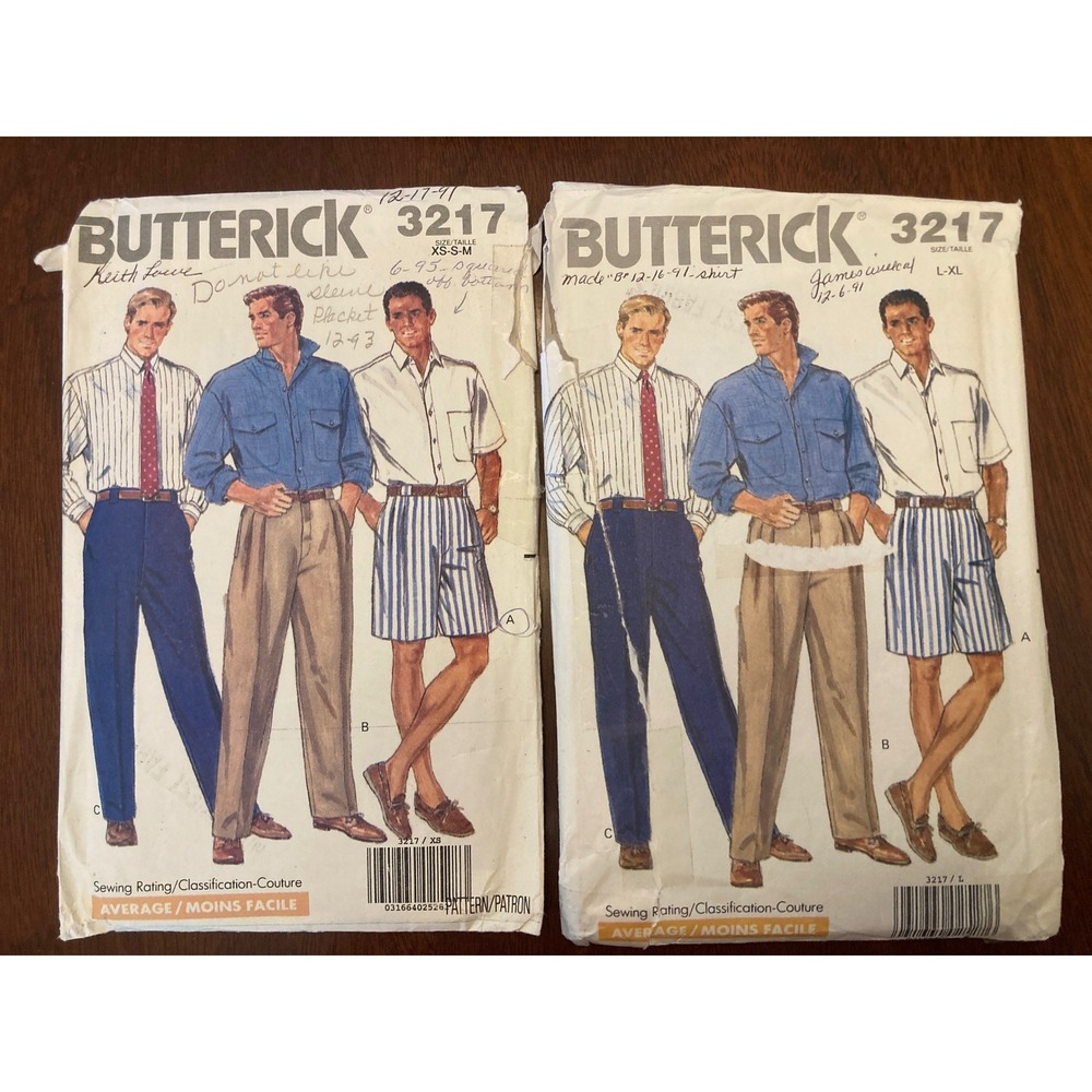 Vintage Butterick 3217 Mens Shirt Pants Shorts Sewing Pattern Lot XS-XL 1989